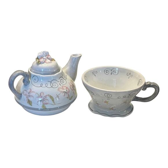 Tracy Porter Georgette TEA FOR ONE Ceramic Cup + Teapot & Lid Pink Gray + Tag - Picture 3 of 10